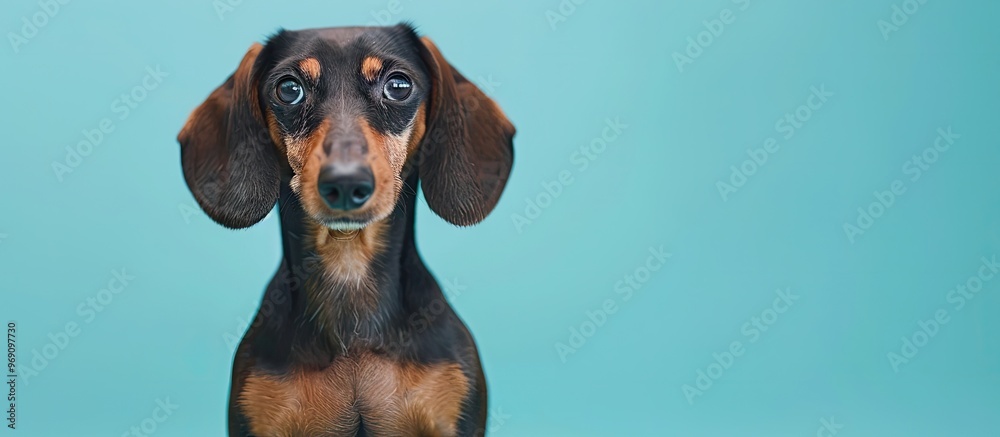 Poster studio portrait of a young dachshund set against a light blue background. with copy space image. pla