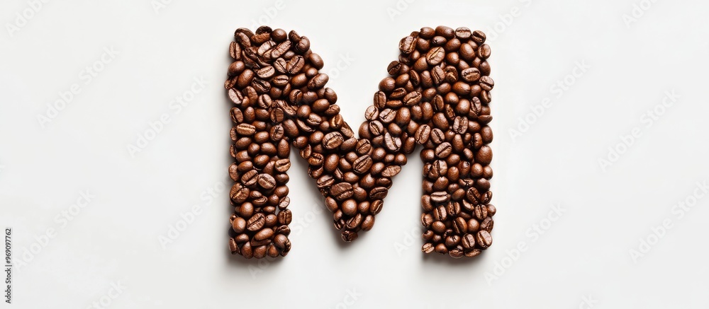 Aufkleber The letter m formed from roasted coffee beans on a white background from a top view can be used for your messages. with copy space image. Place for adding text or design