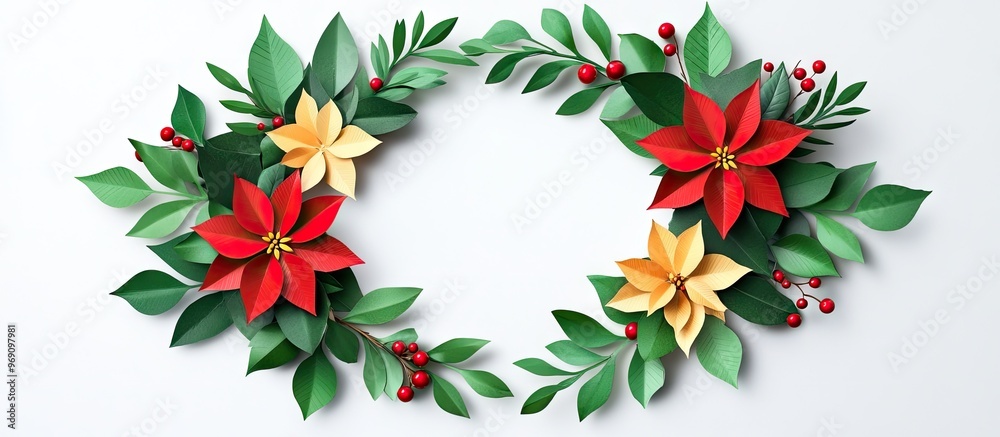 Aufkleber paper flower poinsettia and holly leaves christmas wreath white background colors include green red 