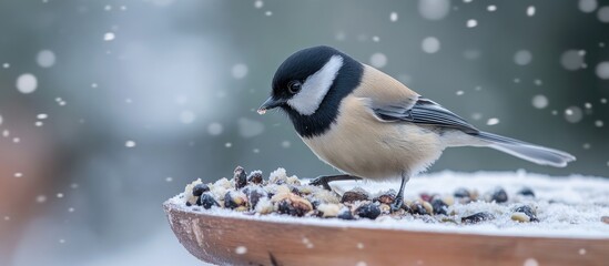 Obraz premium Willow Tit in the feeding trough. with copy space image. Place for adding text or design