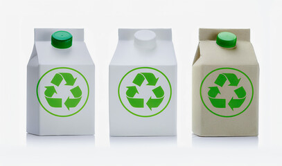 aseptic paper packaging for milk with recycling sign; isolated on white background