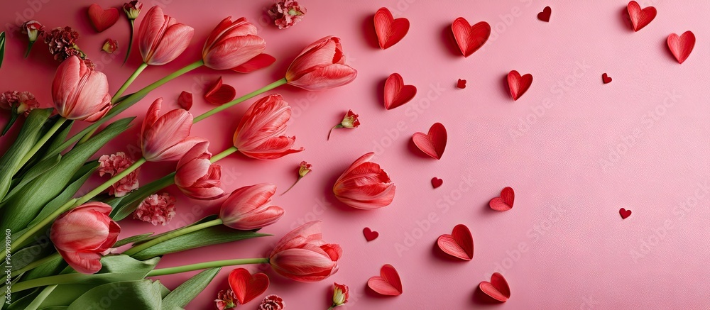 Poster red tulip flowers with paper hearts on a pink background concepts for valentine s day women s day an