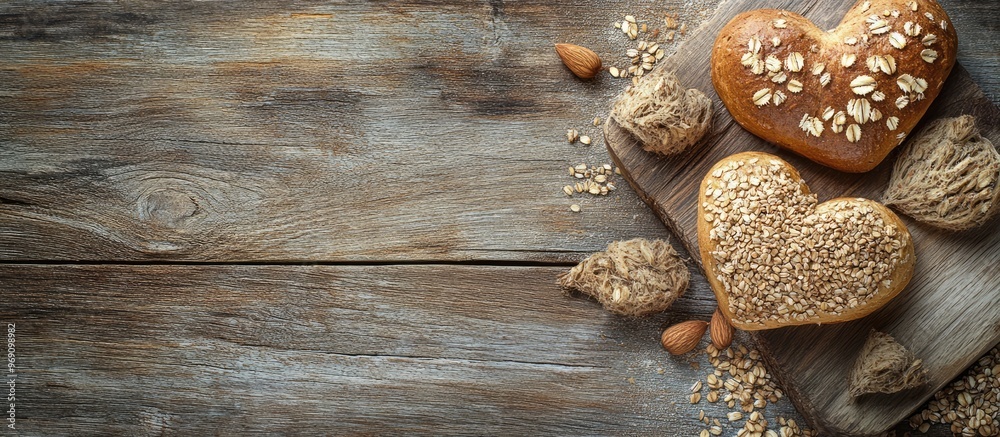 Poster background featuring heart shaped buns grains and seeds on rustic wooden boards with ample copy spac