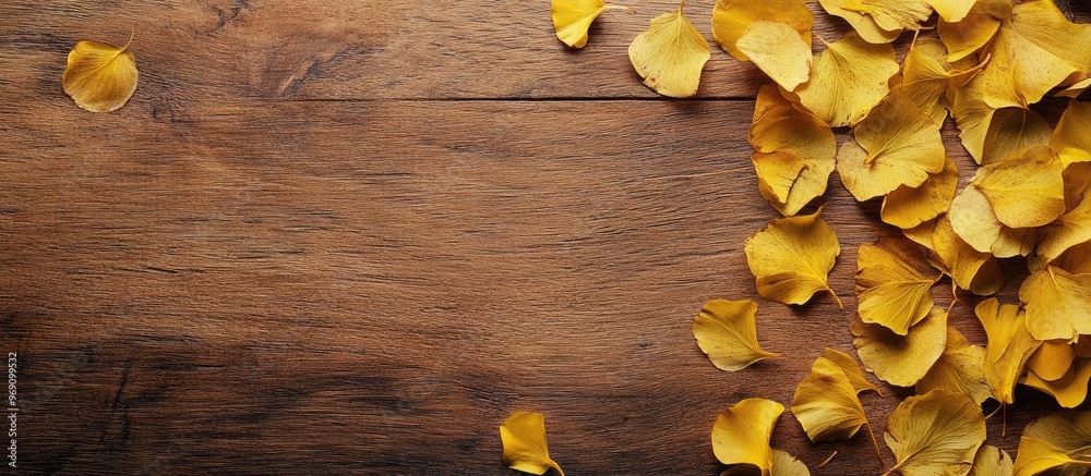 Poster Yellow leaves rest on the brown board. with copy space image. Place for adding text or design