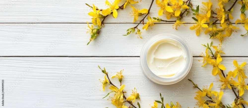 Poster jar of moisturizer cream with yellow forsythia flowers on a white wooden background top view. with c