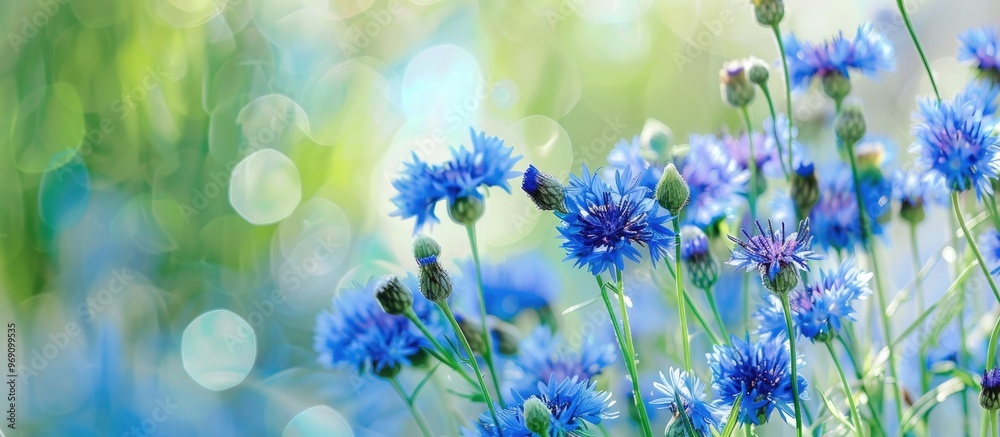 Poster bouquet of blue cornflowers set against a white background selective focus summer wildflowers. with 