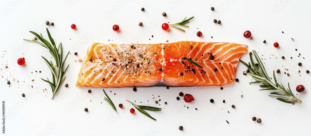 Aufkleber Slice of salmon with peppercorn and rosemary set against a white background. with copy space image. Place for adding text or design