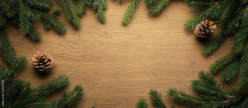 Poster template for a christmas card featuring a fir tree border and copy space wooden table alongside natu