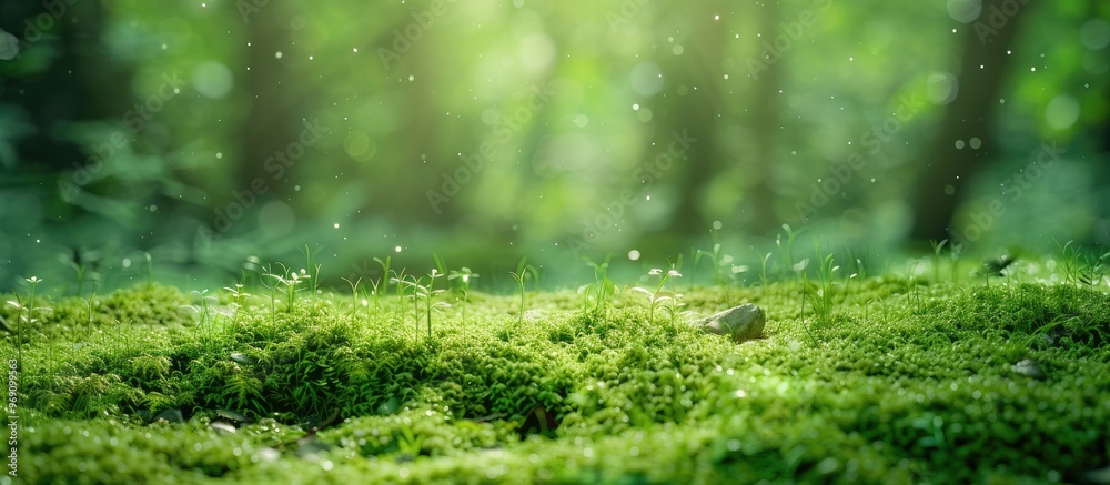 Aufkleber Green moss and backdrop Setting for showcasing products Dark forest backdrop. with copy space image. Place for adding text or design