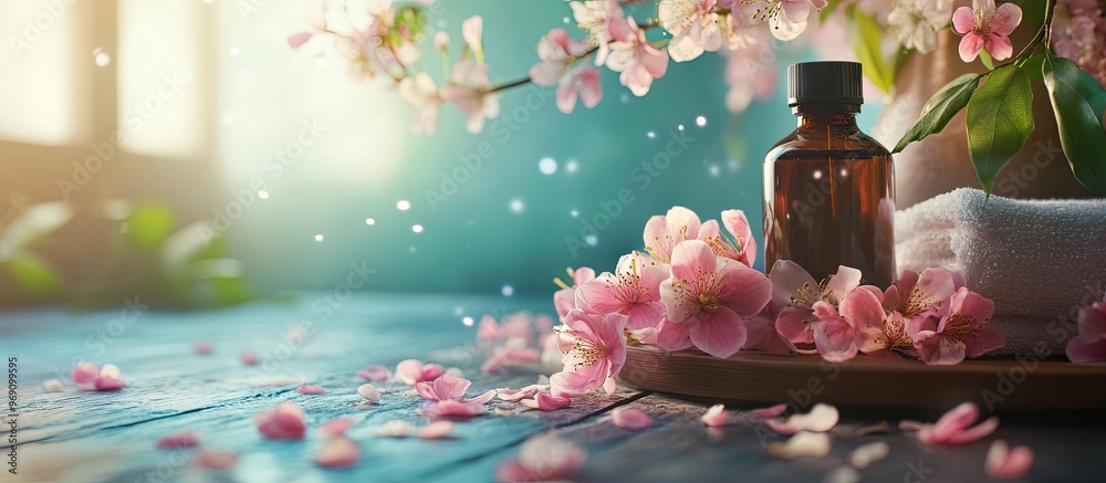 Poster spa and aromatherapy kit featuring flowers filtered photo. with copy space image. place for adding t