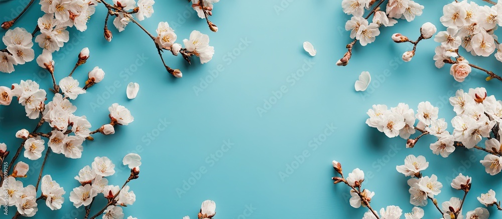 Aufkleber A frame composed of flowering branches set against a blue background. with copy space image. Place for adding text or design