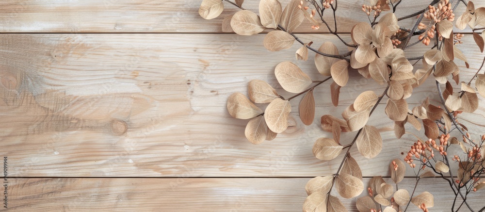 Poster Mockup card featuring dry branches on a wooden surface Flat lay top view Wedding invitation card with surrounding details Empty card on a rustic background for design creativity