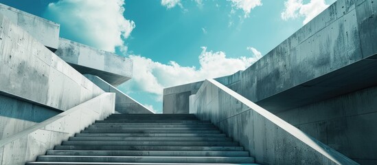 A painted concrete structure resembling a zigzag or staircase stands against the sky with clouds appearing like steps at an intriguing angle. with copy space image. Place for adding text or design