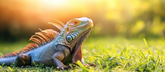 Fototapeta premium Mexican Iguana sunbathing on a sunny afternoon. with copy space image. Place for adding text or design