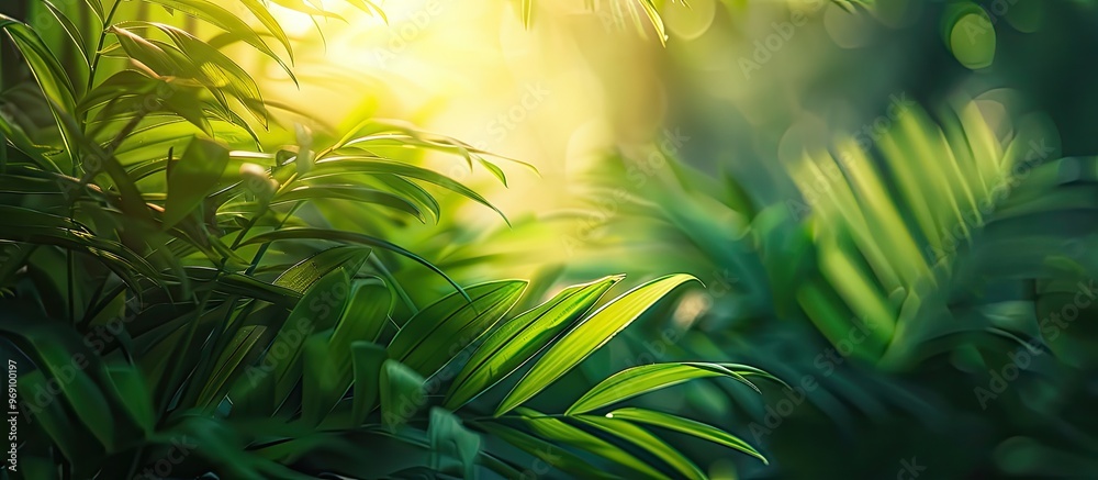 Poster Blurred abstract depiction of a tropical leaf for your design wallpaper or background. with copy space image. Place for adding text or design