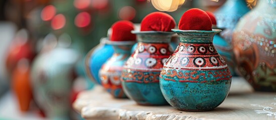 Fototapeta premium Studio shot of a colorful Egyptian pottery vase adorned with decorations topped with a Santa Claus red hat set against a white background alongside two shiny colored Christmas balls