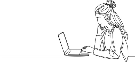 continuous single line drawing of female student using laptop computer, line art vector illustration