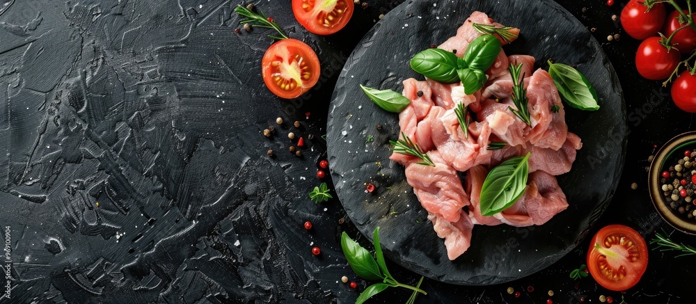 Poster minced meat along with other ingredients on a black background top view with copyspace available the