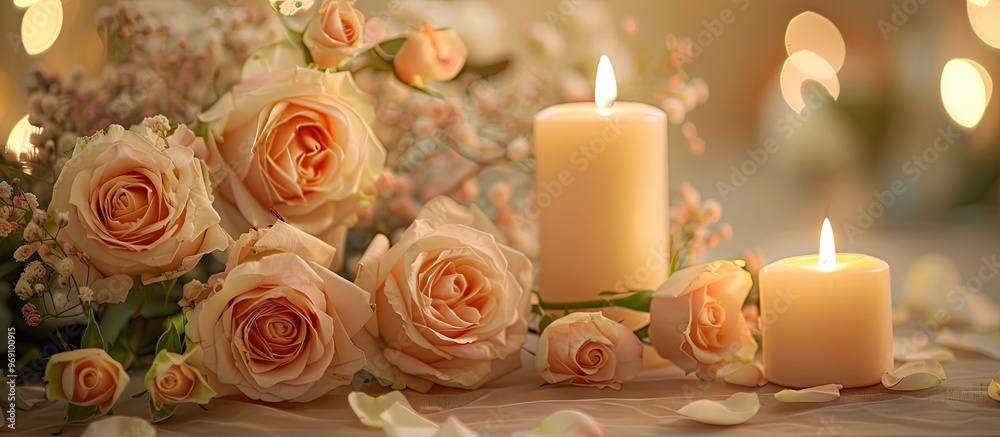 Poster lovely beige roses and a lit candle. with copy space image. place for adding text or design