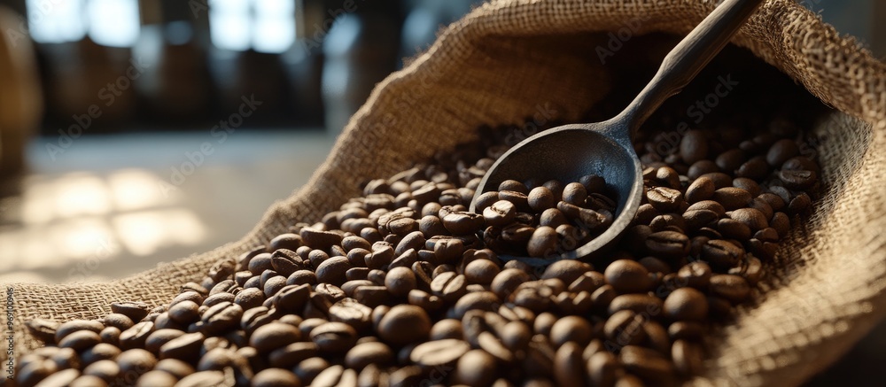 Leinwandbilder Close up image of coffee beans with a scoop in a burlap bag. with copy space image. Place for adding text or design