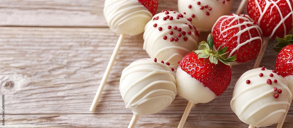 Aufkleber white chocolate cake pops and strawberries on sticks birthday party treats on a wooden surface. with