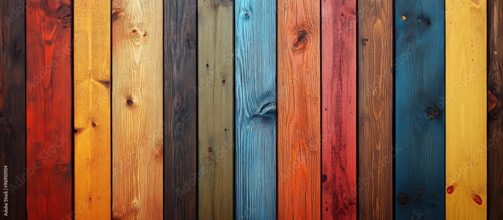 Poster Wooden wall painted in various colors Interior feature. with copy space image. Place for adding text or design