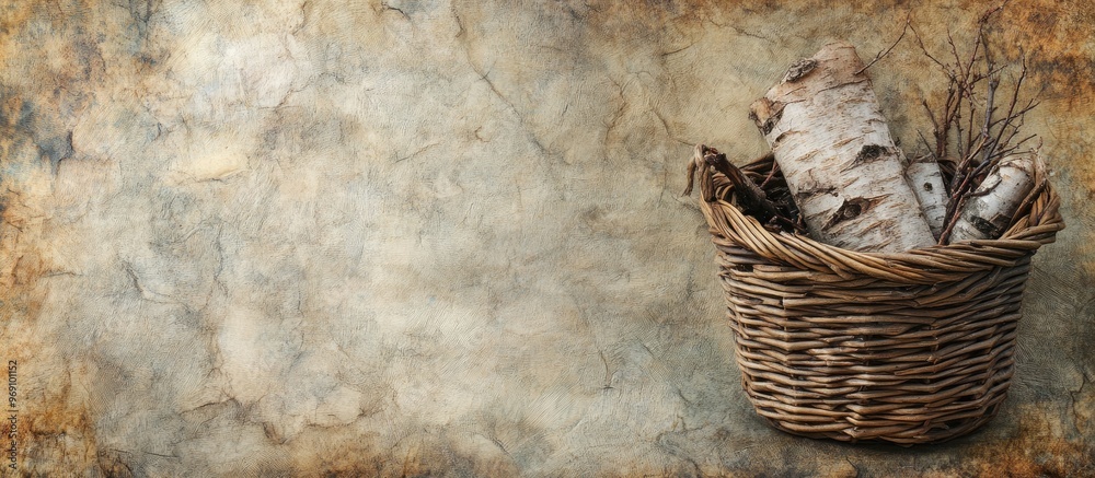 Poster textured vintage paper background with birch bark basket. with copy space image. Place for adding text or design