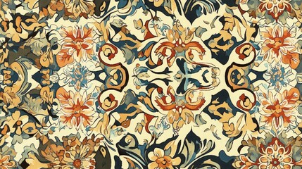 Vintage Seamless Background with Ornate Tile Design in Organic Colors Embroidery Print Featuring Antique Elements for DIY Art Effects Kaleidoscope and Floral Patterns with Various Floral Elements