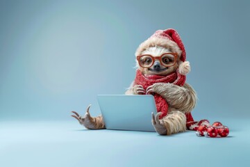 A cozy sloth with glasses and a red scarf using a laptop, surrounded by Christmas decorations, working with focus