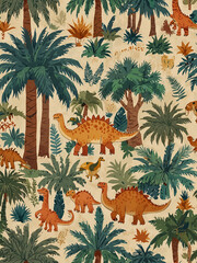 A playful pattern of tiny, smiling dinosaurs and palm trees