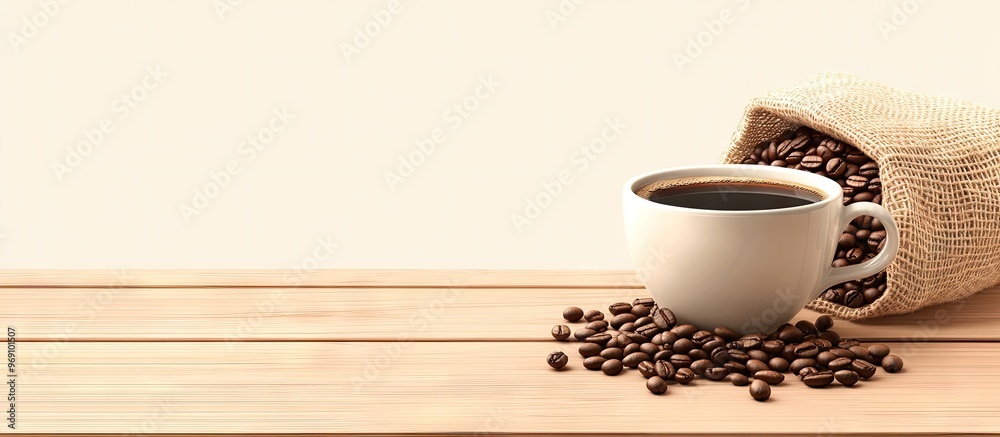 Aufkleber a warm cup of coffee with a sack beside coffee beans on a wooden background. with copy space image. 
