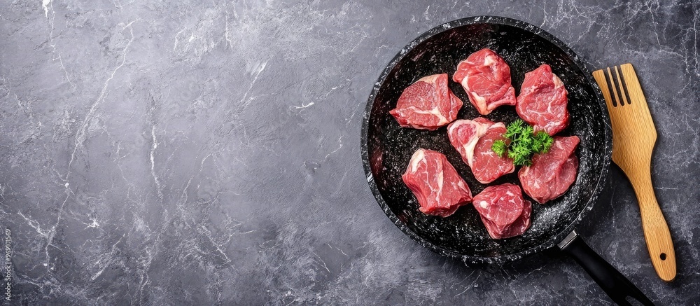 Poster black marble frying pan with raw meat and a wooden spatula on a gray table background top view. with