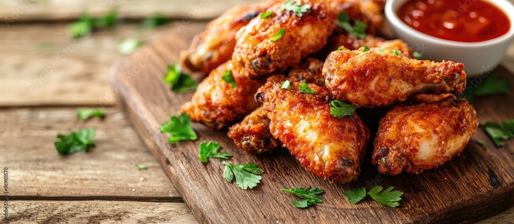 Poster crispy fried chicken wings and nuggets made at home on a rustic wooden board viewed from above flat 