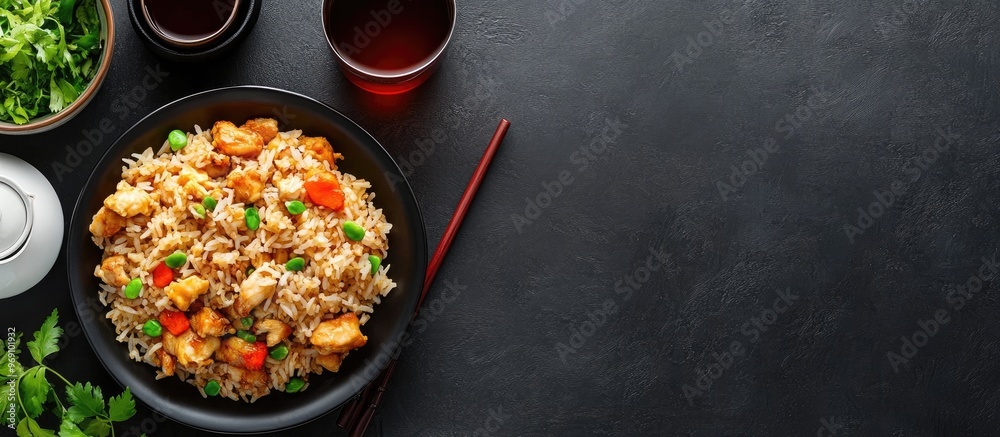 Poster chinese cuisine including fried rice and chicken accompanied by tea. with copy space image. place fo