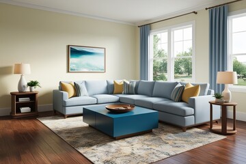 Fototapeta premium 3D Model of a Bright Family Room with Sectional Couch, Coffee Table, and TV Stand in a Welcoming Setup