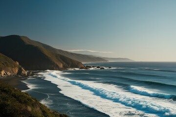 Obraz premium Tranquil Ocean Scene with White-Capped Waves Against a Clear Sky