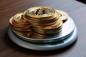 A Stacked Display of Cryptocurrency Coins on a Lightweight Scale