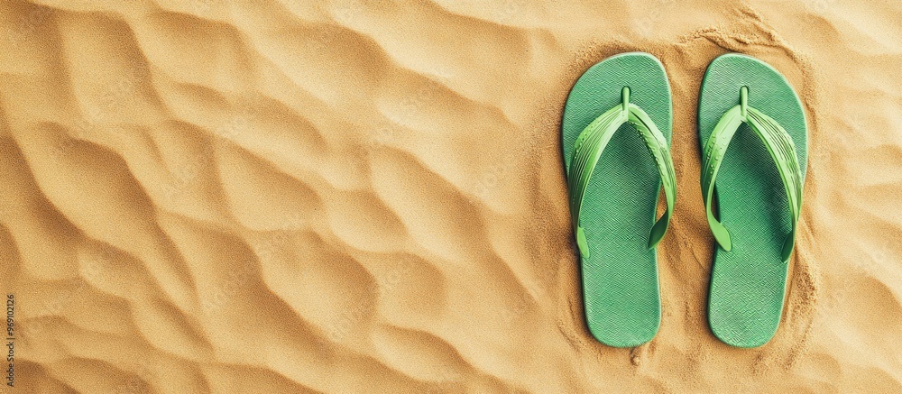 Poster Green flip flops on sand flat lay with text space Beach item. with copy space image. Place for adding text or design