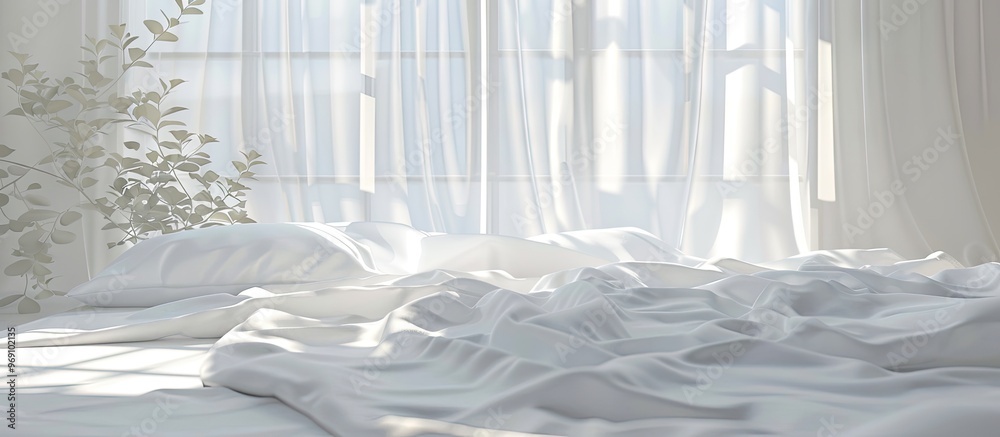 Poster Untidy white bedspread in the morning. with copy space image. Place for adding text or design