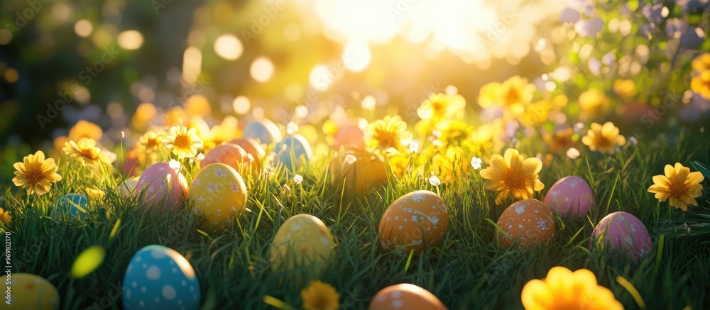 Poster colorful easter eggs scattered among yellow flowers in green grass illuminated by sunlight easter ar