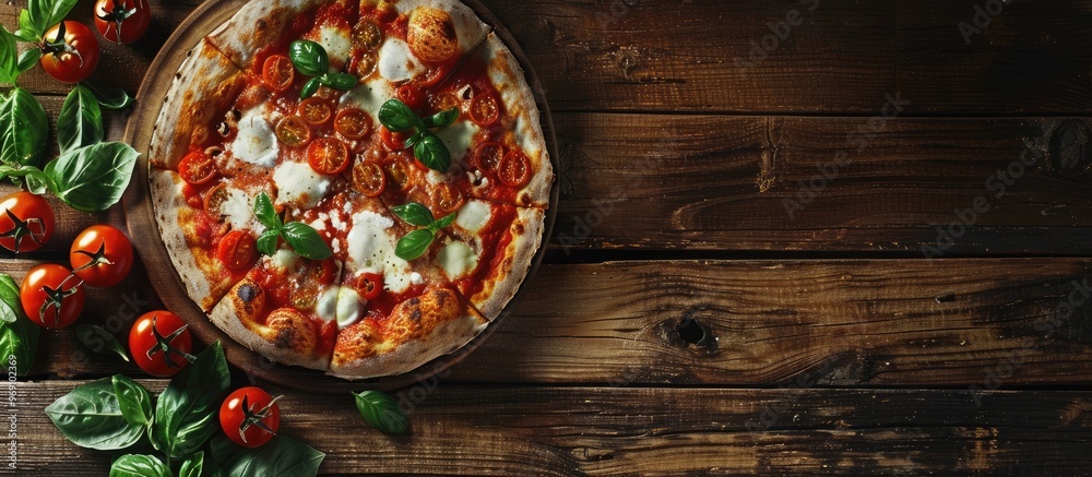 Poster sliced margherita italian pizza featuring melted mozzarella cheese tomatoes and fresh basil on a rus