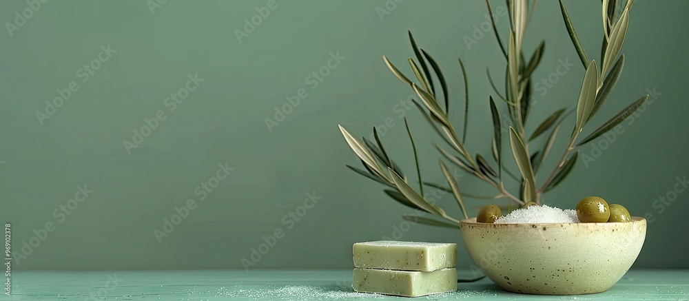 Aufkleber Olive soap bars and a bowl of sea salt on a colored background. with copy space image. Place for adding text or design