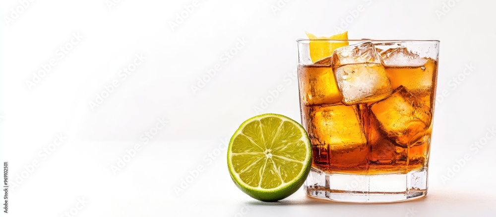 Poster Cocktail with alcohol and a lime set against a white isolated background. with copy space image. Place for adding text or design