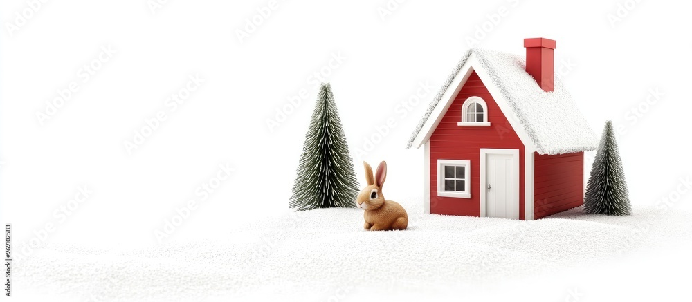 Aufkleber Christmas toy house with bumps and a rabbit on a white background. with copy space image. Place for adding text or design