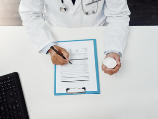 Above, hands or doctor with documents, pills or healthcare with information, medicine or treatment....