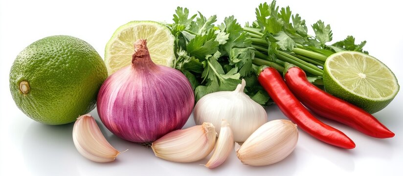 Vegetables on a white background onion lime chili pepper garlic shallots. with copy space image. Place for adding text or design
