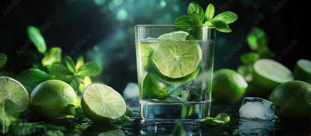 Poster lime mojito in a clear glass against a dark background surrounding it are fresh lime slices ice and 
