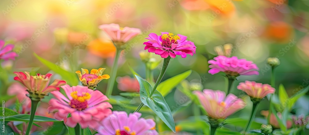 Poster pink zinnia whirligig flower in focused view set against a backdrop of a vibrant flower bed in a cou
