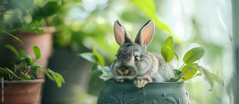 Poster adorable fluffy spotted bunny with gray and white fur resting next to a pot containing a green house