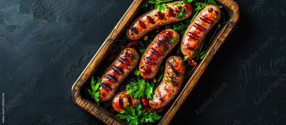 Aufkleber grilled sausages are mixed with herbs in a wooden tray black background top view. with copy space im